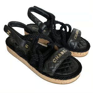 Authentic Chanel Dad Sandals - Leather Cord Lambskin Black Size 40 (with Box)